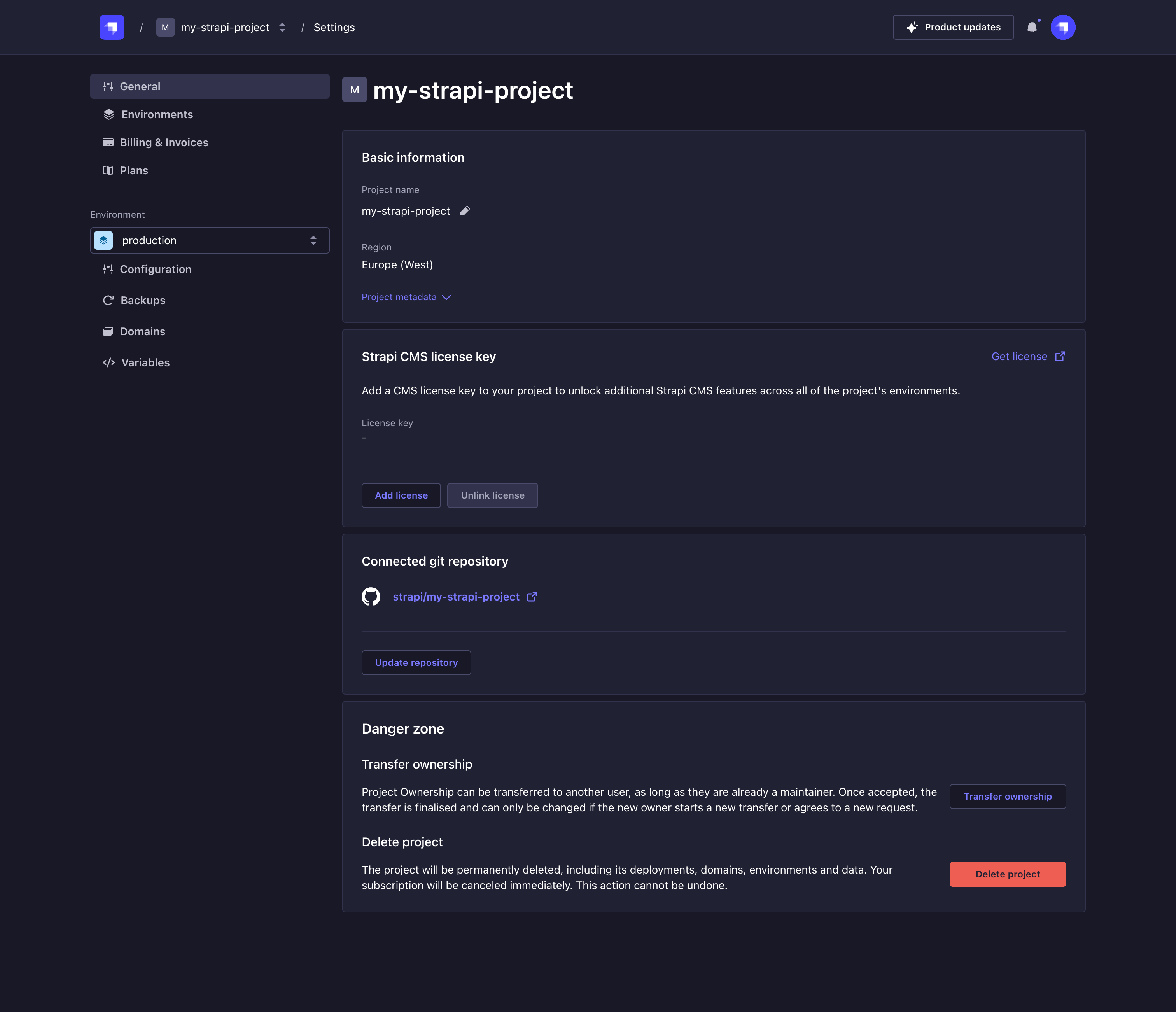 Project settings page
